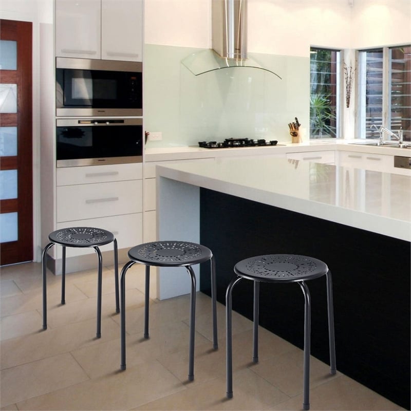 Golplus Backless Round Top Metal Stackable Stool Set in Black (Set of 6)