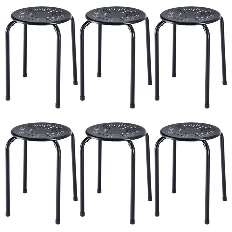 Golplus Backless Round Top Metal Stackable Stool Set in Black (Set of 6)