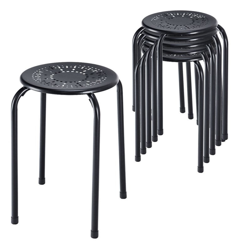 Golplus Backless Round Top Metal Stackable Stool Set in Black (Set of 6)