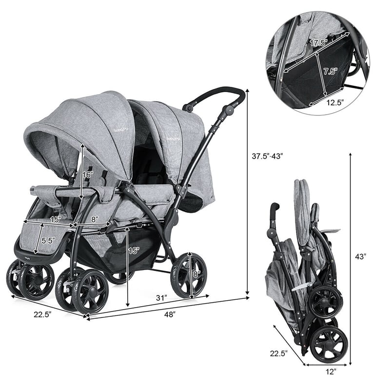 Double Stroller Foldable Baby Twin Lightweight Infant Pushchair Gray