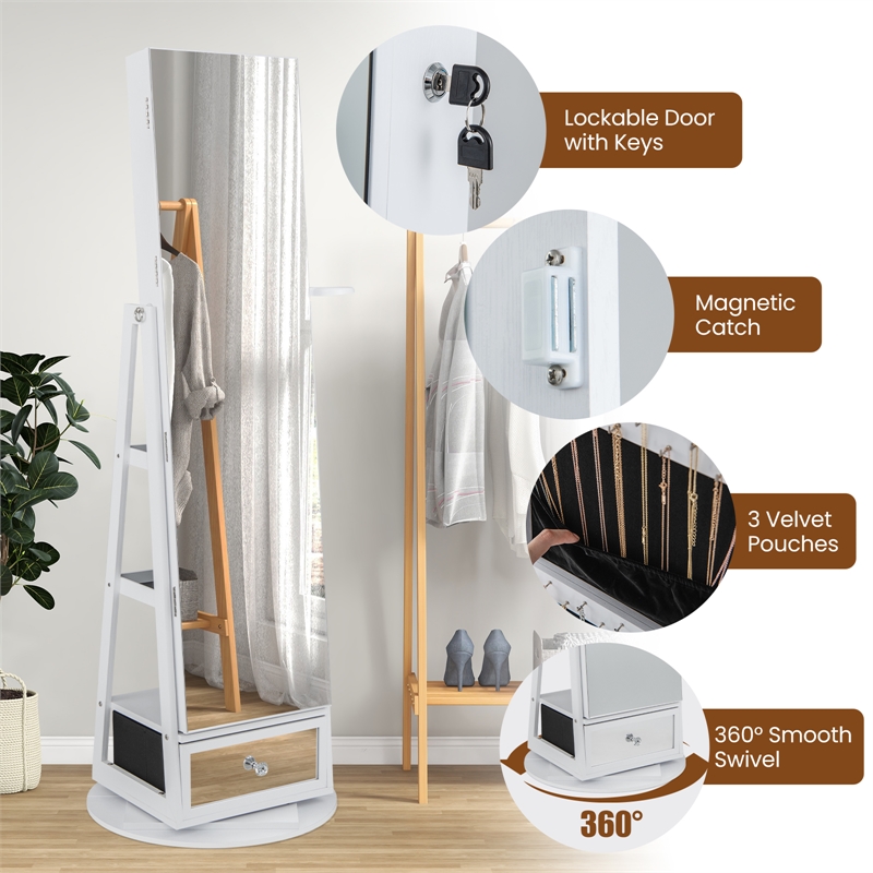 Swivel Jewelry Cabinet Standing Armoire Organizer w/LED Light White