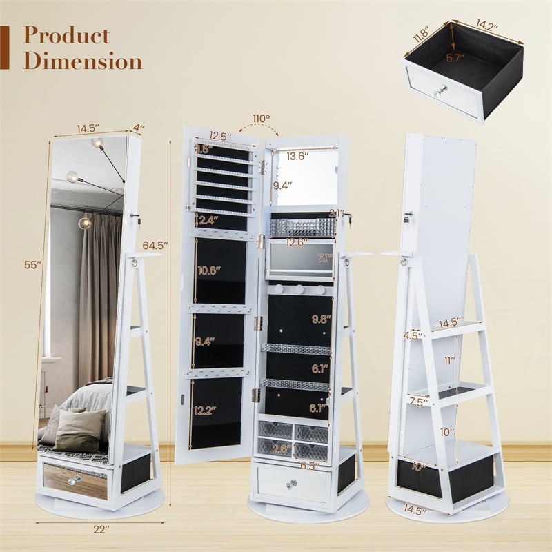 Swivel Jewelry Cabinet Standing Armoire Organizer w/LED Light White