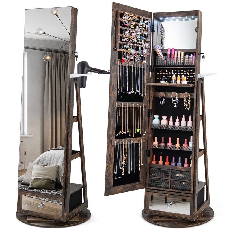 Swivel Jewelry Cabinet Standing Armoire Organizer w/LED Light Brown