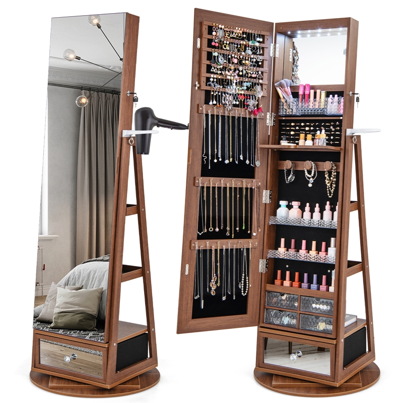 Swivel Jewelry Cabinet Standing Armoire Organizer w/LED Light Walnut