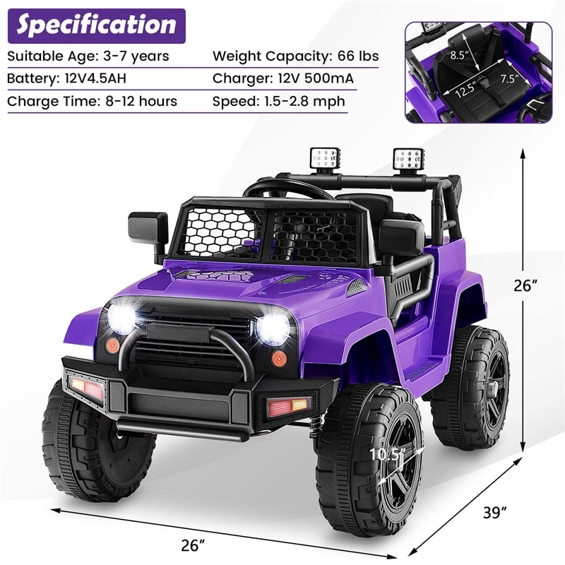 12V Kids Ride On Truck Car Electric Vehicle Remote Purple
