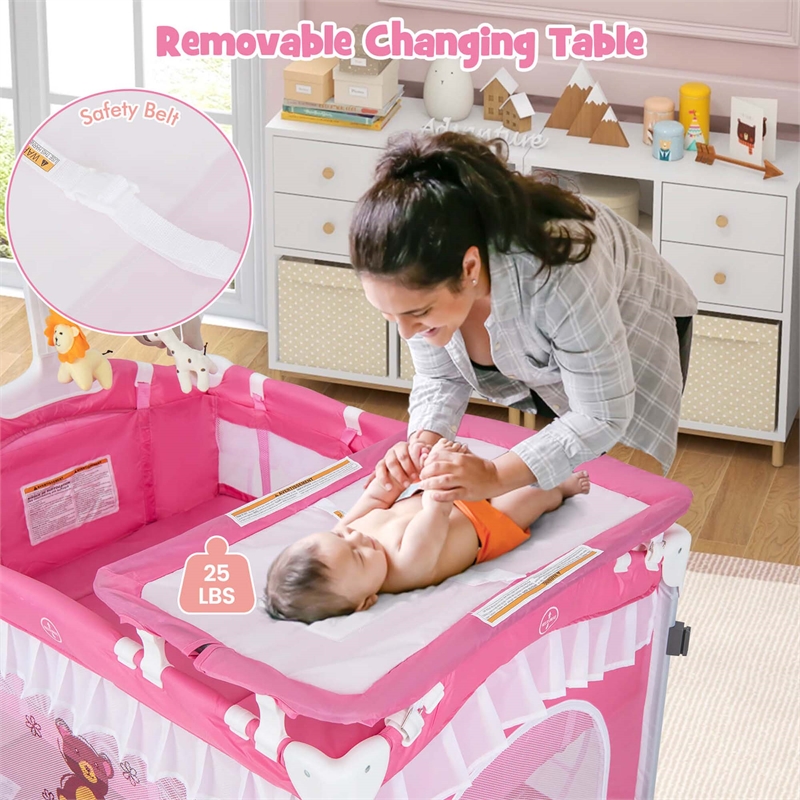 Portable Baby Crib Cradle  Bassinet Changing Pad Mosquito Net Pink