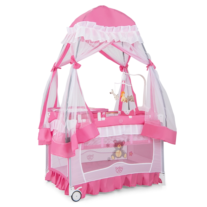 Portable Baby Crib Cradle  Bassinet Changing Pad Mosquito Net Pink