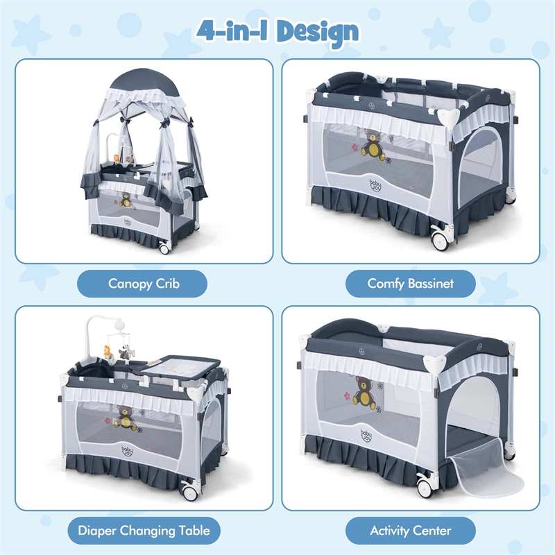 Portable Baby Crib Cradle  Bassinet Changing Pad Mosquito Net Grey