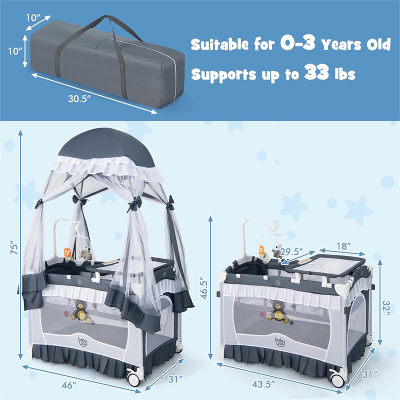 Portable Baby Crib Cradle  Bassinet Changing Pad Mosquito Net Grey