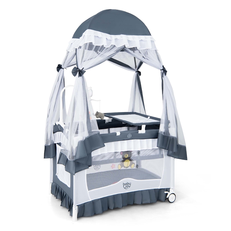 Portable Baby Crib Cradle  Bassinet Changing Pad Mosquito Net Grey
