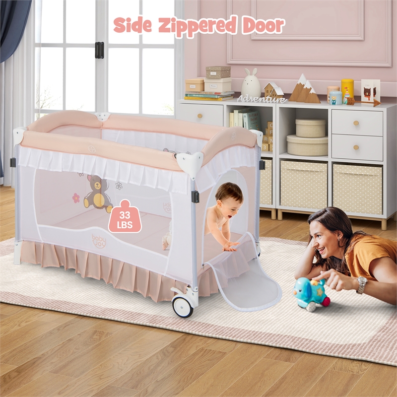 Portable Baby Crib Cradle  Bassinet Changing Pad Mosquito Net Light Pink