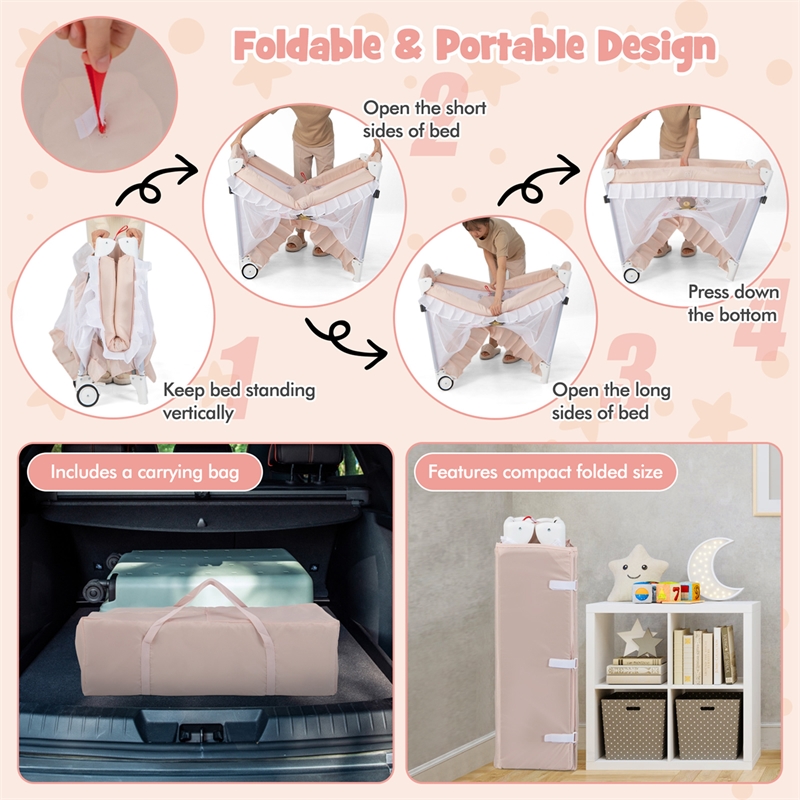 Portable Baby Crib Cradle  Bassinet Changing Pad Mosquito Net Light Pink