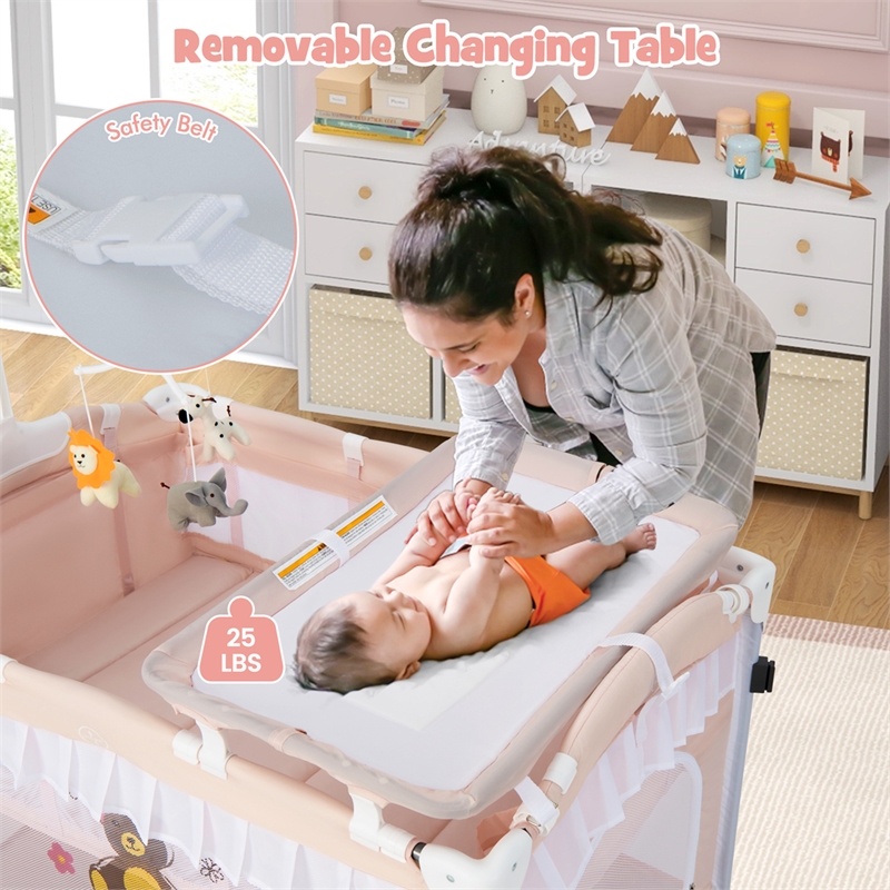 Portable Baby Crib Cradle  Bassinet Changing Pad Mosquito Net Light Pink