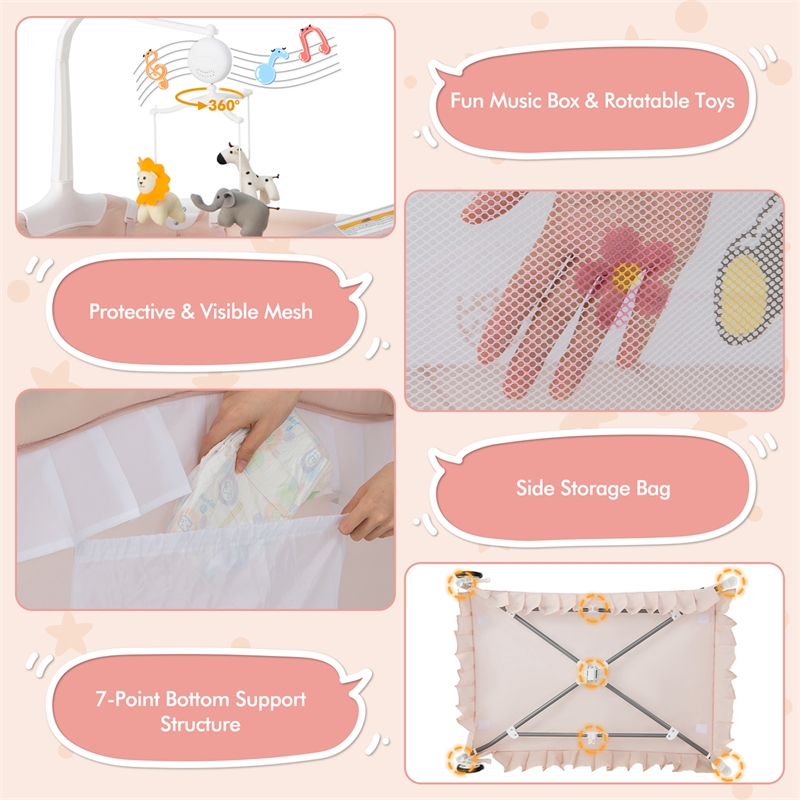 Portable Baby Crib Cradle  Bassinet Changing Pad Mosquito Net Light Pink