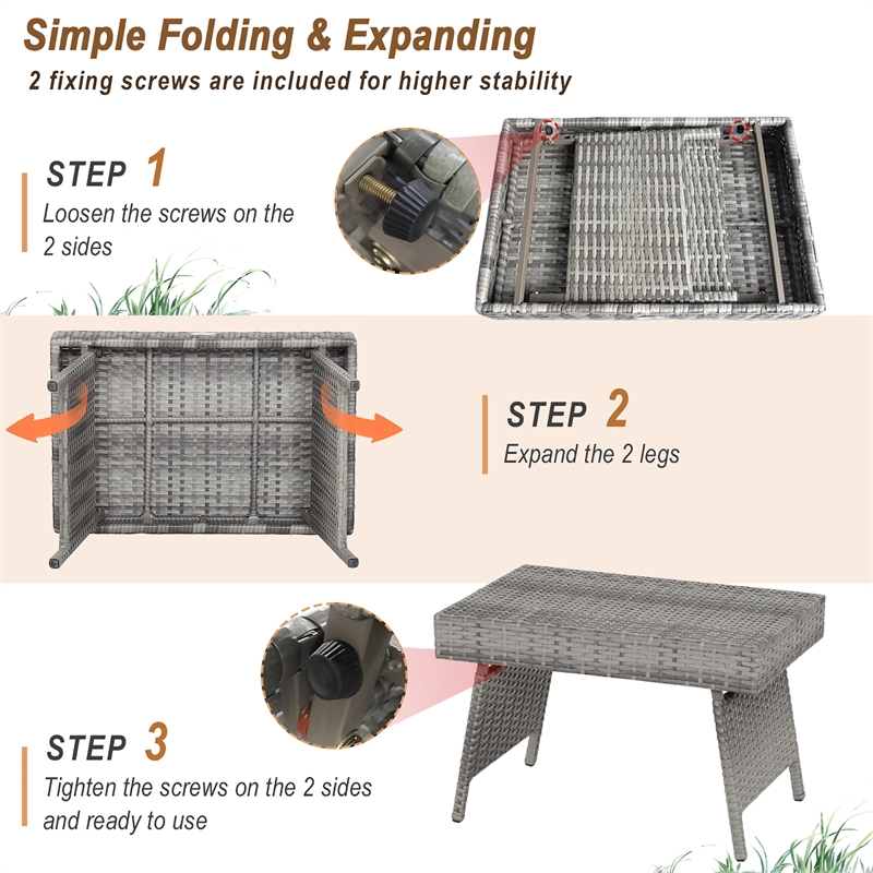 Patio Folding Wicker Side Coffee Table Poolside Garden Lawn Bistro Grey