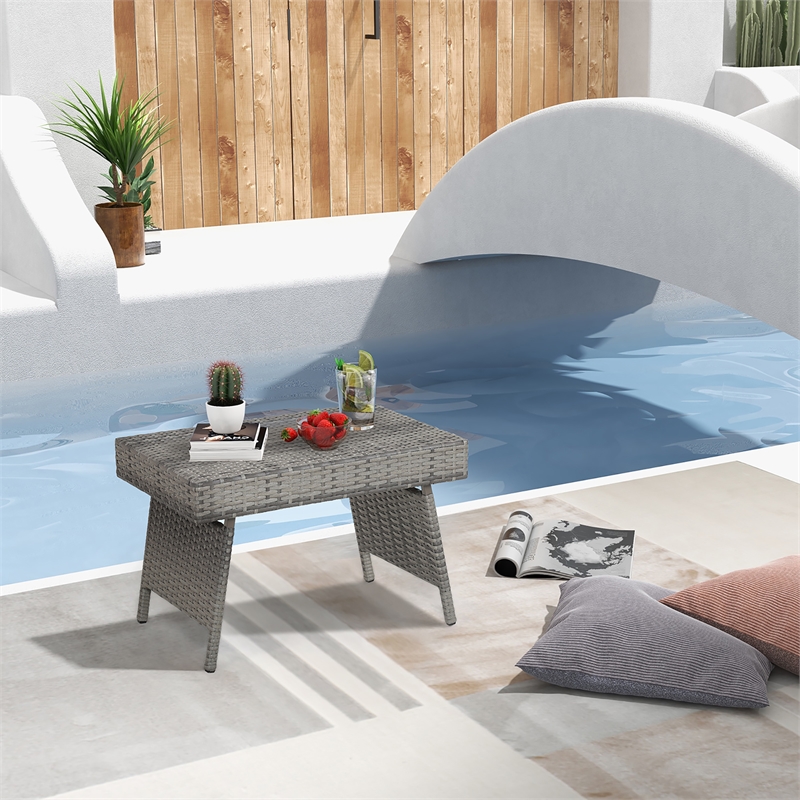 Patio Folding Wicker Side Coffee Table Poolside Garden Lawn Bistro Grey