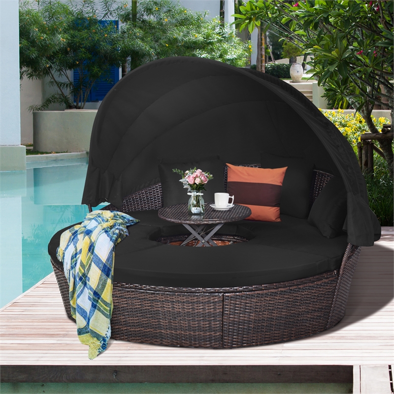 Patio Rattan Daybed Cushioned Sofa Adjustable Table Top Canopy Black
