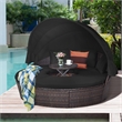 Patio Rattan Daybed Cushioned Sofa Adjustable Table Top Canopy Black