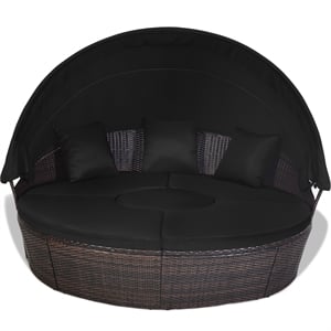 Patio Rattan Daybed Cushioned Sofa Adjustable Table Top Canopy Black