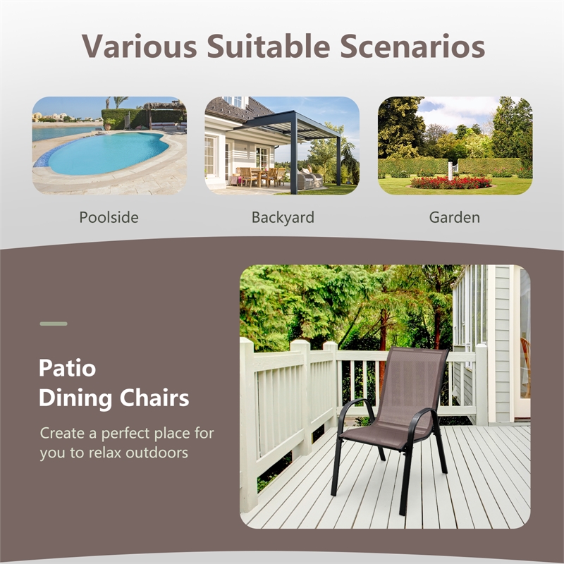 Set of 4 Patio Dining Chairs Stackable Armrest Space Saving Garden Brown