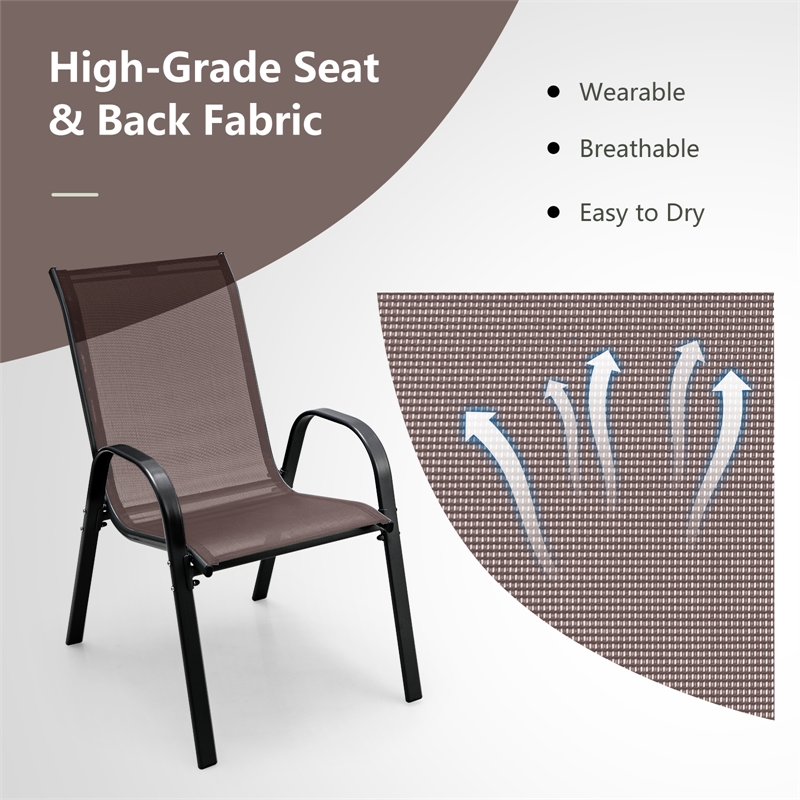 Set of 4 Patio Dining Chairs Stackable Armrest Space Saving Garden Brown