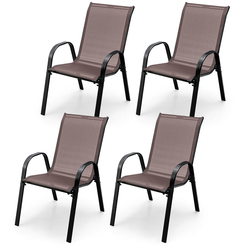 Set of 4 Patio Dining Chairs Stackable Armrest Space Saving Garden Brown