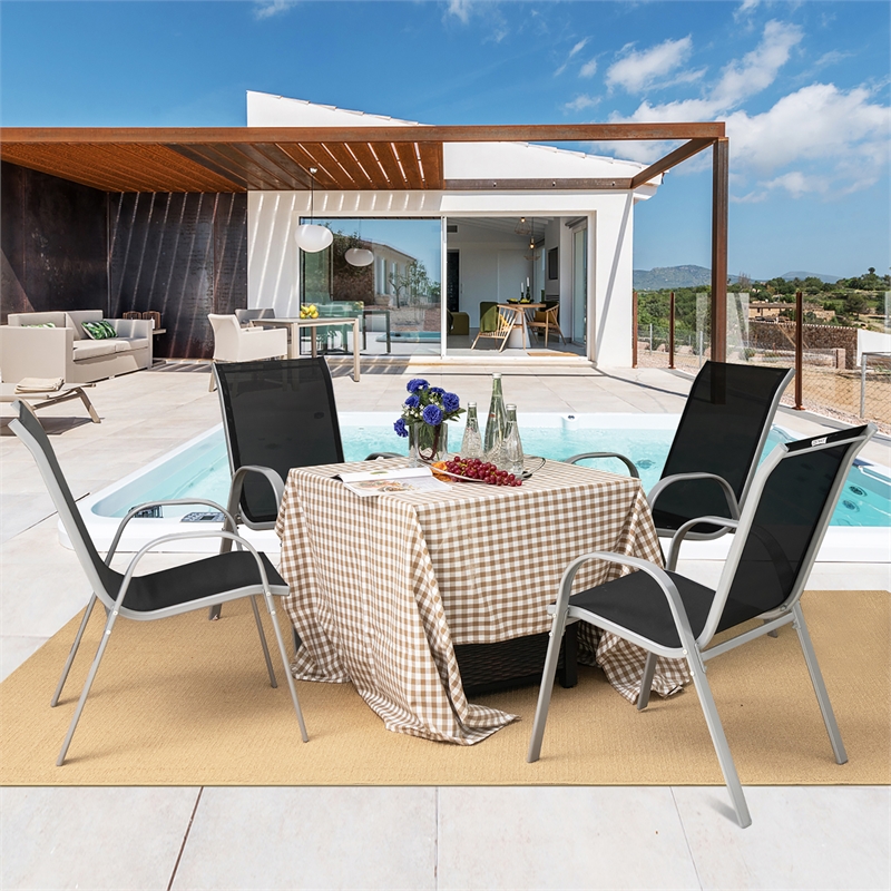 Set of 4 Patio Dining Chairs Stackable Armrest Space Saving Garden Black