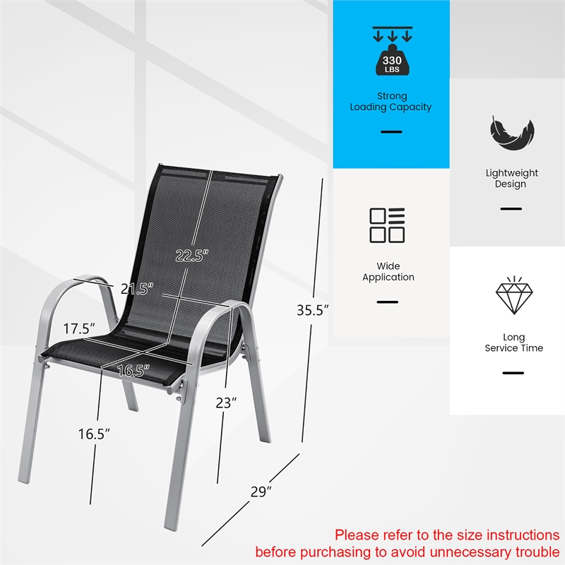 Set of 4 Patio Dining Chairs Stackable Armrest Space Saving Garden Black