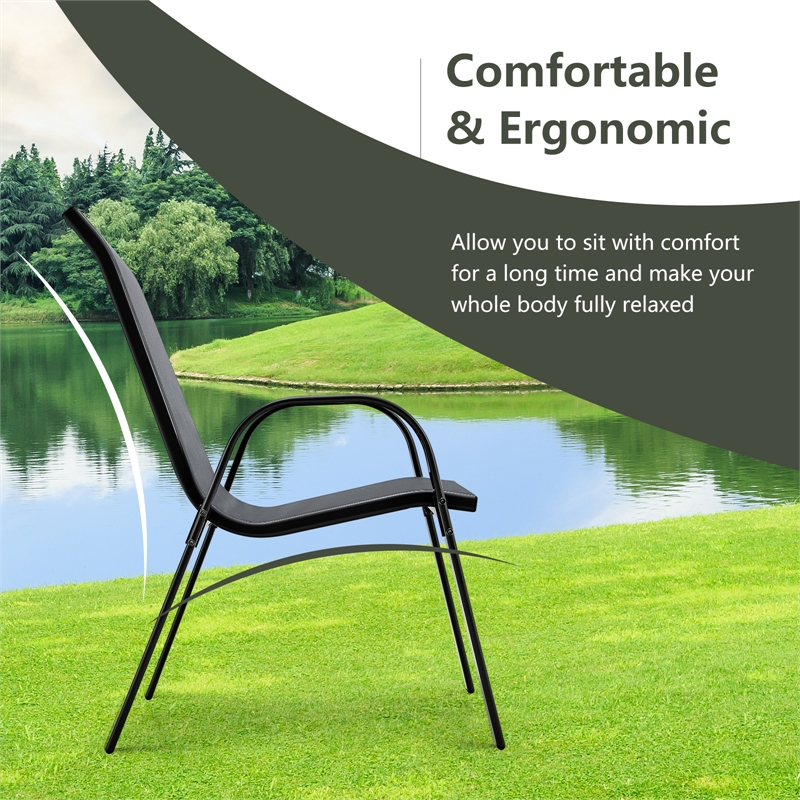 Set of 4 Patio Dining Chairs Stackable Armrest Space Saving Garden Grey