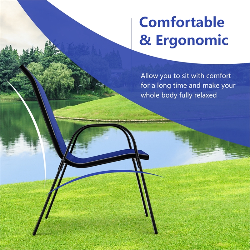 Set of 4 Patio Dining Chairs Stackable Armrest Space Saving Garden Navy