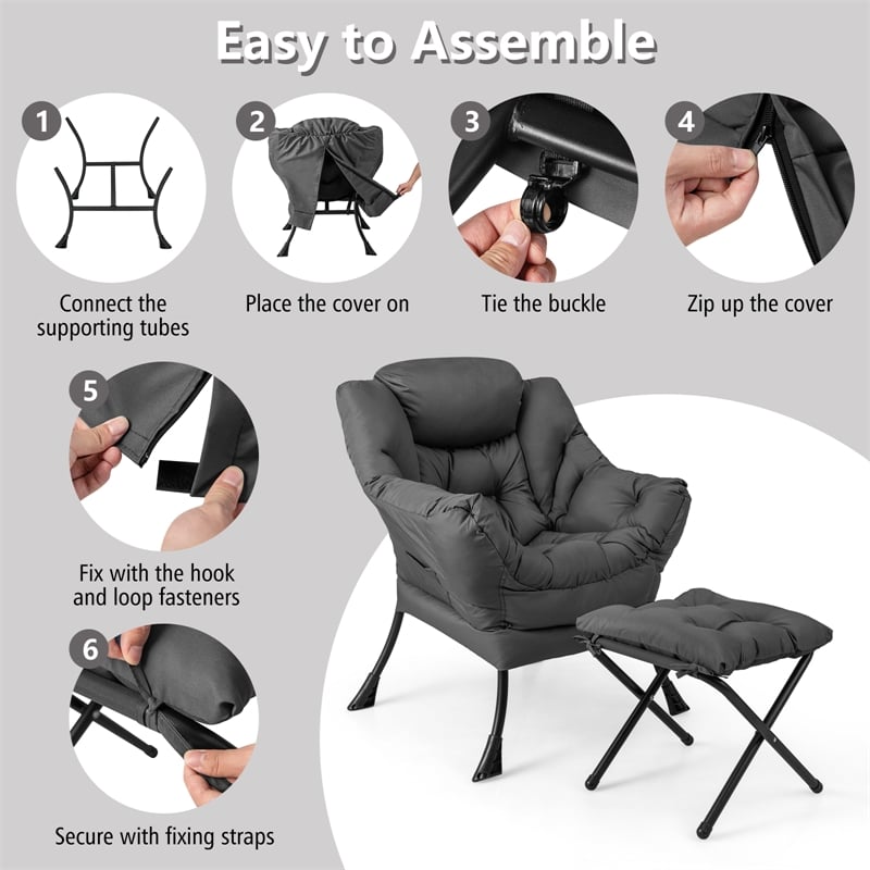 Lazy Sofa Chair Accent Leisure Armchair with Folding Footrest Gray