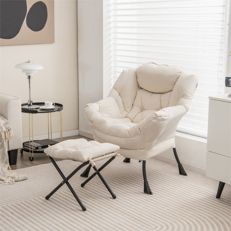 Lazy Sofa Chair Accent Leisure Armchair with Folding Footrest Beige