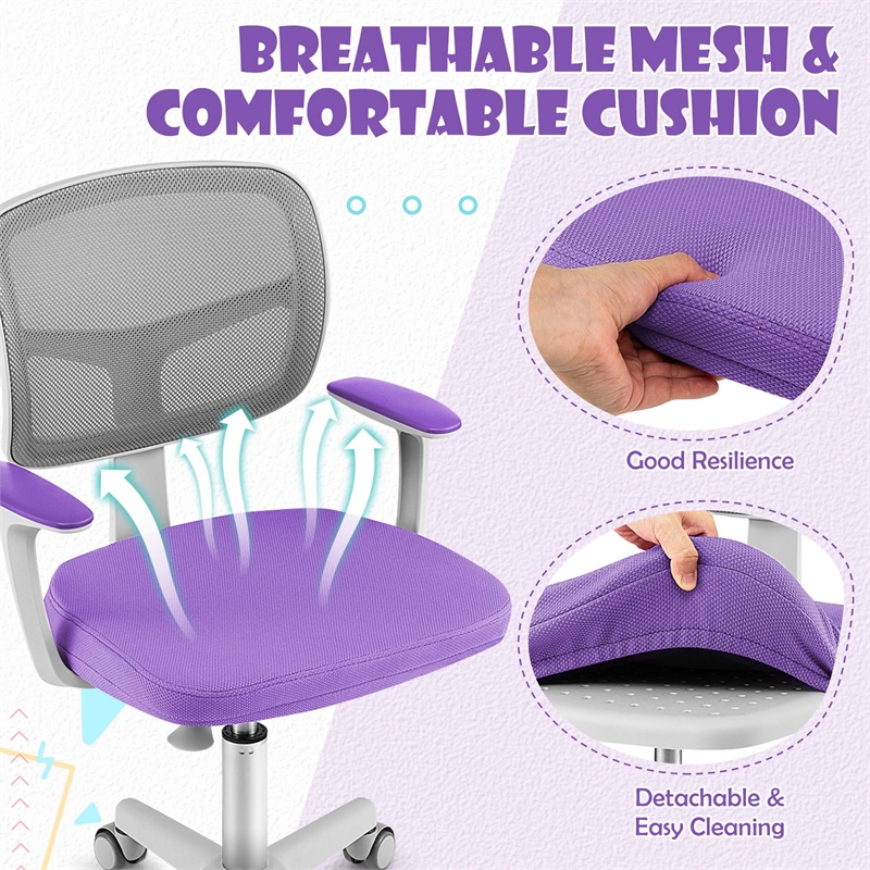 Kids Adjustable Height Children Study Chair w/Auto Brake Casters Purple