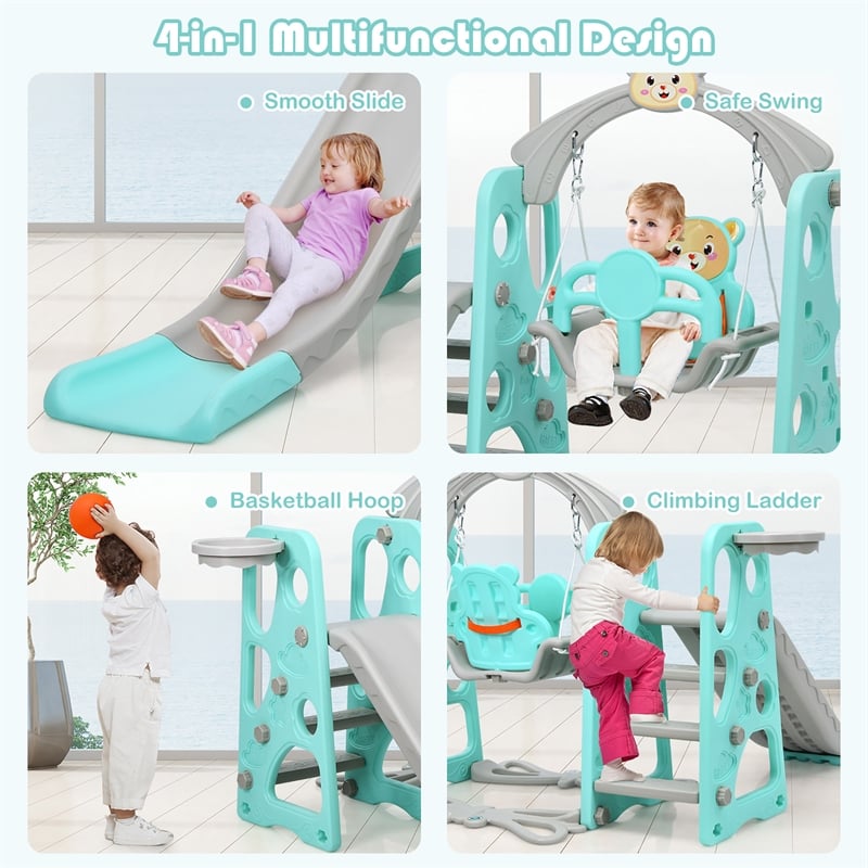 4 in 1 Toddler Climber and Swing Set w/ Basketball Hoop and Ball Green