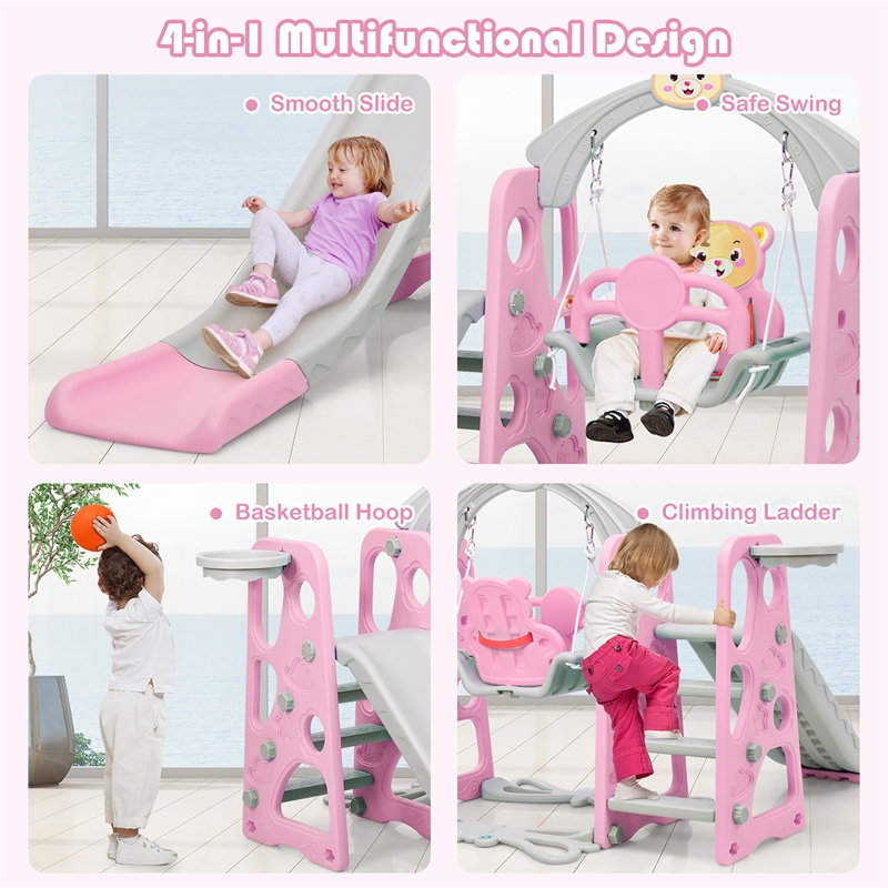 4 in 1 Toddler Climber and Swing Set w/ Basketball Hoop and Ball Pink