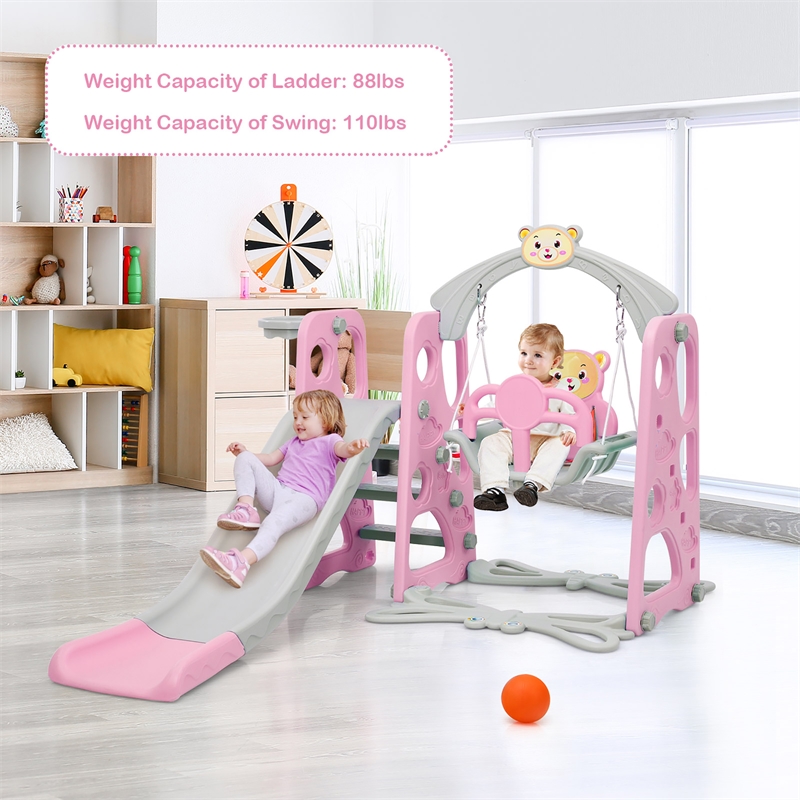 4 in 1 Toddler Climber and Swing Set w/ Basketball Hoop and Ball Pink