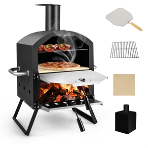 2 Layer Pizza Oven Wood Fired Grill Outside Pizza Maker w/Waterproof Cover Black