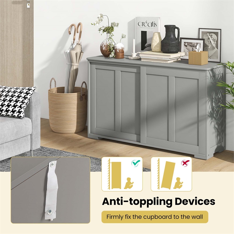 Kitchen Storage Cabinet Sideboard Buffet Cupboard Wood Sliding Door Gray