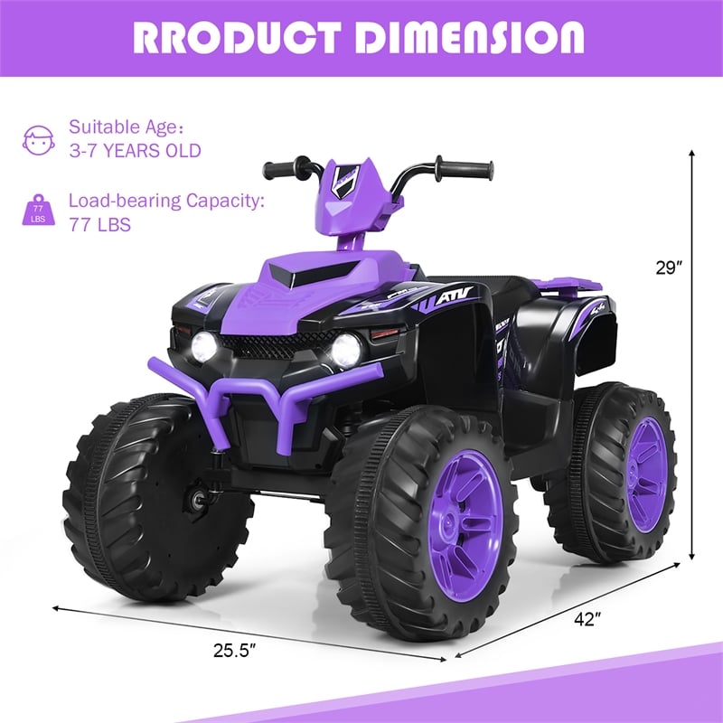 12V Kids 4 Wheeler ATV Quad Ride On Car w/ LED Lights Music USB Purple