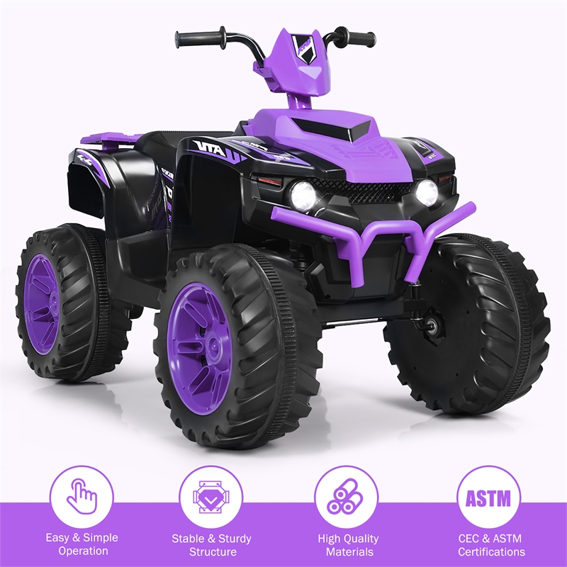 12V Kids 4 Wheeler ATV Quad Ride On Car w/ LED Lights Music USB Purple