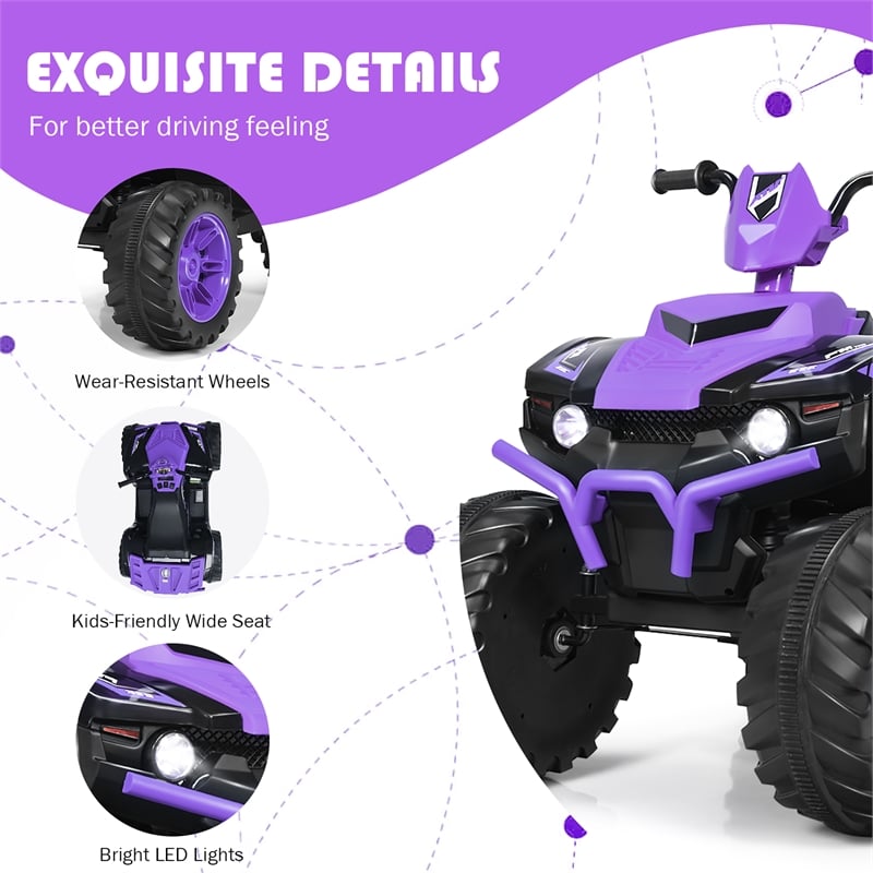 12V Kids 4 Wheeler ATV Quad Ride On Car w/ LED Lights Music USB Purple