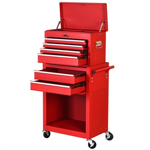 2 in 1 Rolling Cabinet Storage Chest Box Organizer w/6 Drawers Red