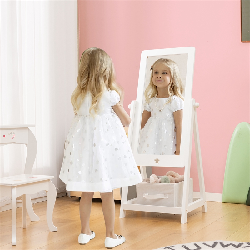 Freestanding Full Length Dressing Mirror withShelf Storage Bin White