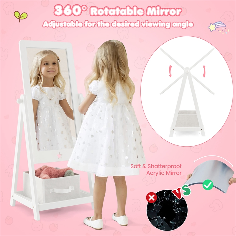 Freestanding Full Length Dressing Mirror withShelf Storage Bin White