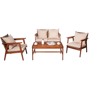 4PCS Outdoor Rattan Furniture Set Acacia Wood Table Cushioned Sofa Chair Brown