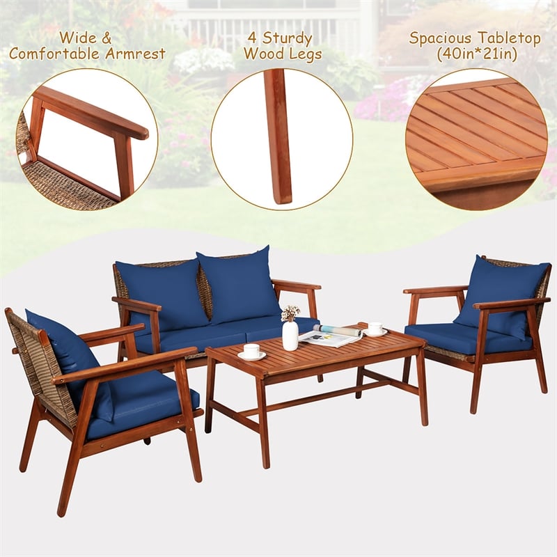 4PCS Outdoor Rattan Furniture Set Acacia Wood Table Cushioned Sofa Chair Navy