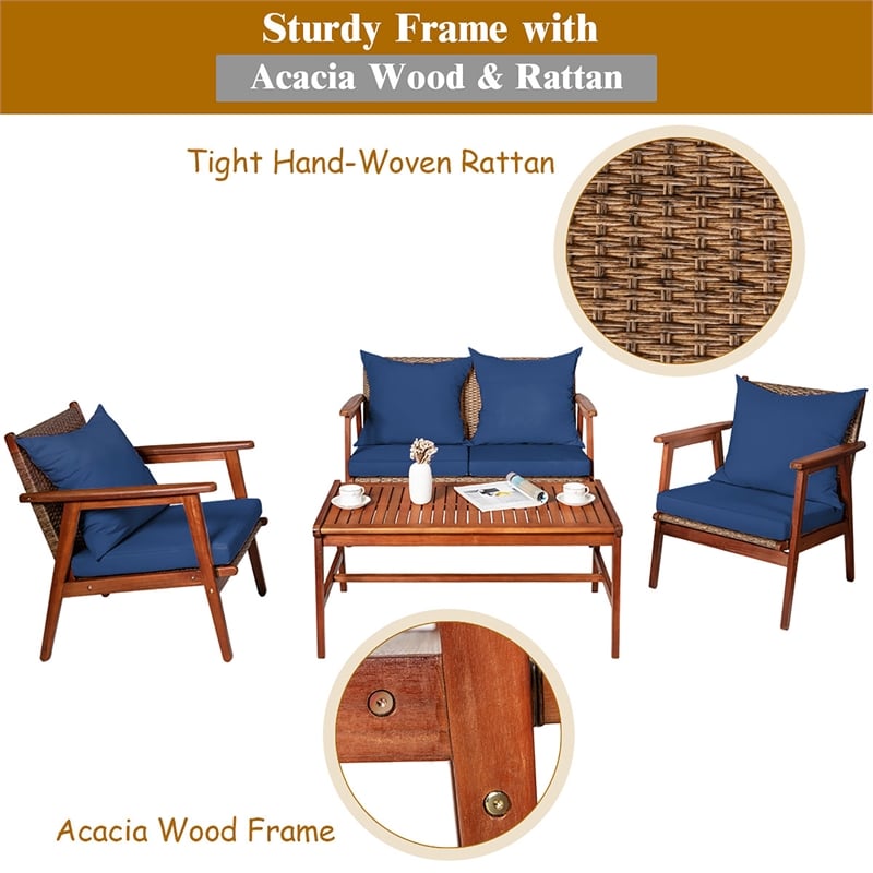 4PCS Outdoor Rattan Furniture Set Acacia Wood Table Cushioned Sofa Chair Navy