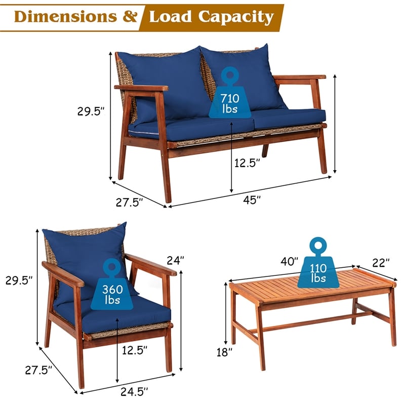 4PCS Outdoor Rattan Furniture Set Acacia Wood Table Cushioned Sofa Chair Navy