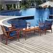 4PCS Outdoor Rattan Furniture Set Acacia Wood Table Cushioned Sofa Chair Navy