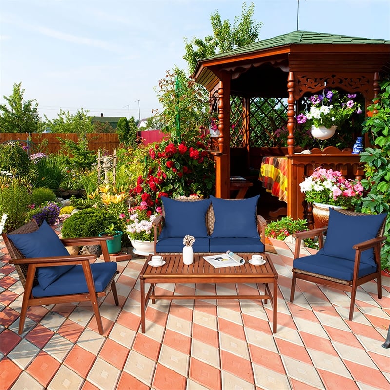 4PCS Outdoor Rattan Furniture Set Acacia Wood Table Cushioned Sofa Chair Navy